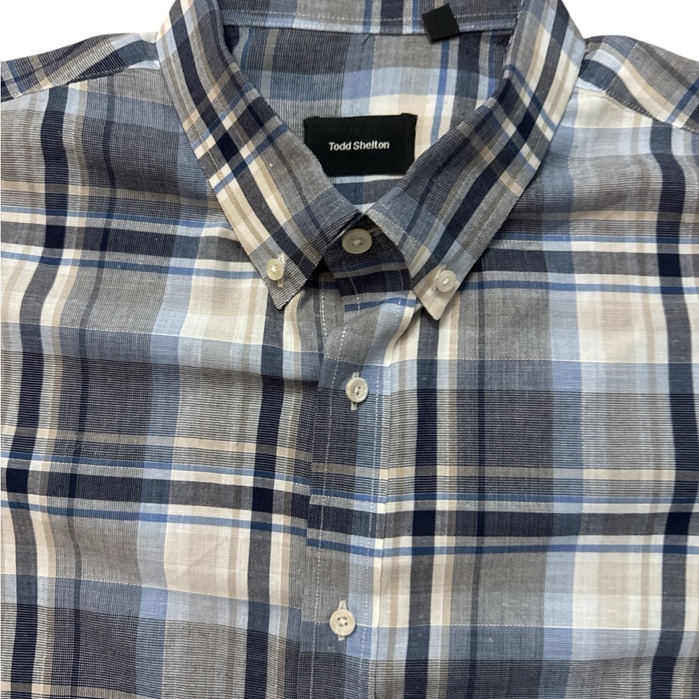 Todd‎ Shelton Men’s Short Sleeve Button Down Shirt Size XL Plaid Blue/Tan/Gray